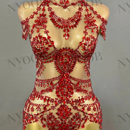 The Stardust Mirage Transparent Bodysuit – Luxury Rhinestone Mesh Stage Wear Leotard