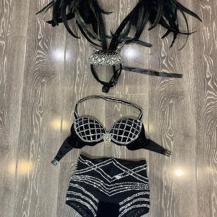 Black Rhinestone Grid Bikini & Feather Wing Headpiece Gogo Stage Costume Set