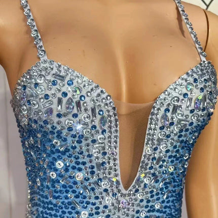 Rhinestone Fringe Bodysuit with Deep V Mesh Insert