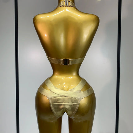 Gold Knitted Halter Bandage Two-Piece Set Stage Performance Costume Outfit