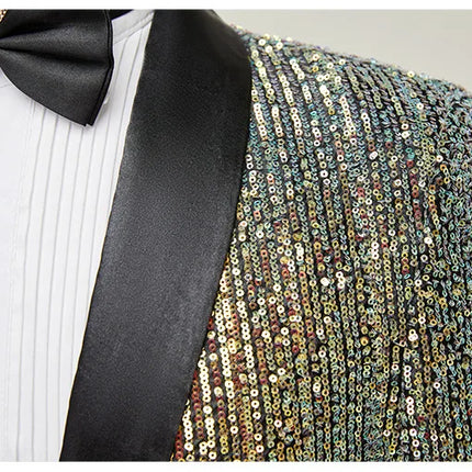 Men's Luxury Gradient Sequin Blazer Shawl Lapel Formal Stage Tuxedo Jacket