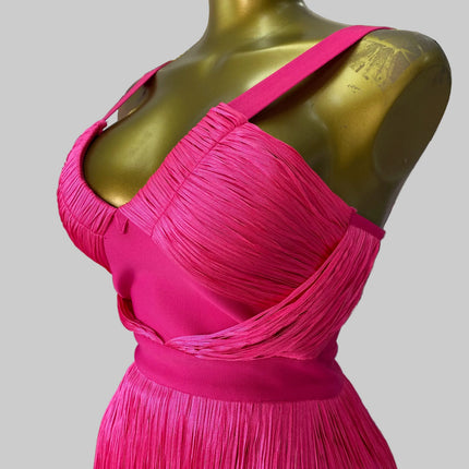 Hot Pink Asymmetrical Fringe Bandage Midi Dress & One-Shoulder Gala Party Dress