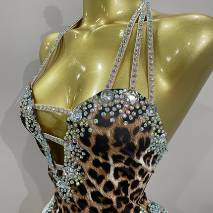 The Wildcat Stardust Tassel Bodysuit – Luxury Rhinestone Leopard Showgirl Costume