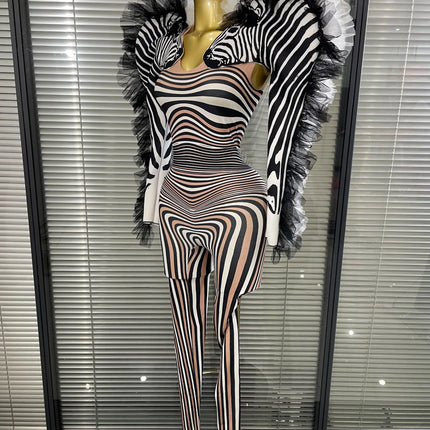 Zebra Print Illusion Catsuit & Feather Wing Bolero Jacket 2-Piece Stage Costume Set