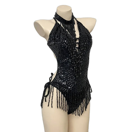 Beaded Sequin Tassel Performance Bodysuit