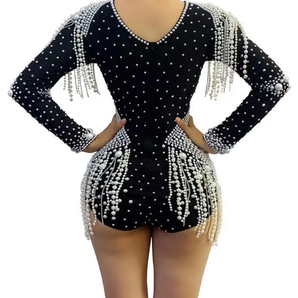 The Stardust Diamond Cutout Bodysuit – Luxury Rhinestone & Pearl Fringe Showgirl Costume