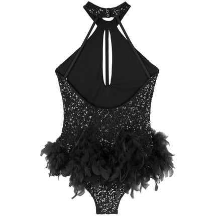 The Stardust Empress Royale – Sequined & Feathered Latin Dance Leotard Dress