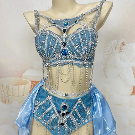 Sapphire Blue Rhinestone Bikini & Micro Skirt 2-Piece Stage Dance Costume Set