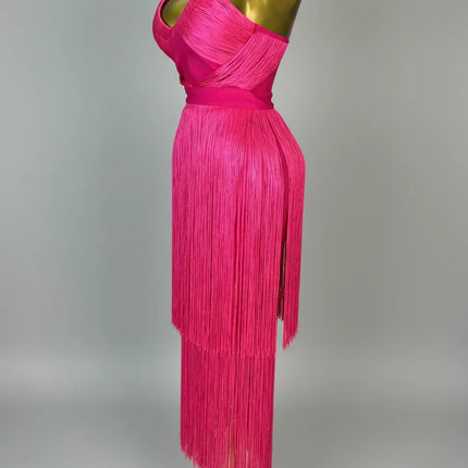 Hot Pink Asymmetrical Fringe Bandage Midi Dress & One-Shoulder Gala Party Dress