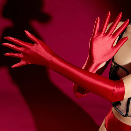 Oil Glossy Satin Smooth Five-Finger Long Elbow Gloves High-Stretch Luxury Evening Gloves
