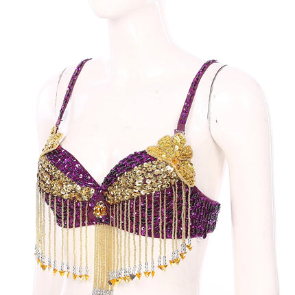 Sparkly Floral Beaded Sequin Belly Dance Bra & Tassel Performance Top