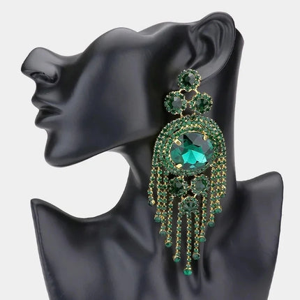Oversized Crystal Rhinestone Long Tassel Dangle Earrings Drag Queen Stage Jewelry