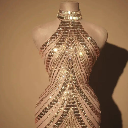 Sparkly Rhinestone High-Neck Sheath Mini Dress Stage Dance Costume