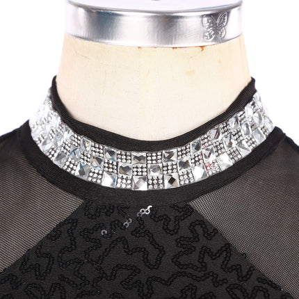 Women Sequins Diamond Latin Jazz Dance Costume Sleeveless Cutout Back Flowy Tassel Dress Leotard Tango Cha-Cha Samba Dancewear
