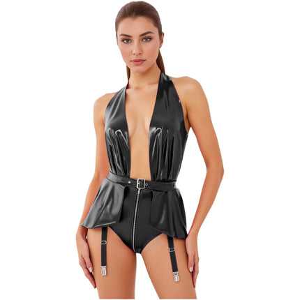Glossy Wet-Look Halter Romper Bodysuit with Flared Skirt Hem & Integrated Garters