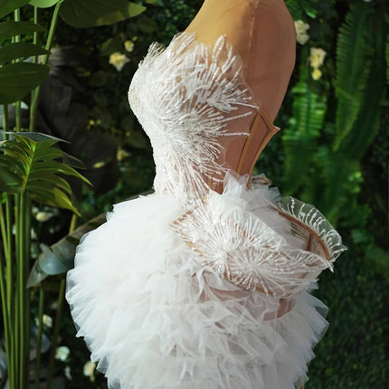 Sparkly White Pearl Sequin Tube Top & Feather Mini Skirt 2-Piece Stage Costume Set