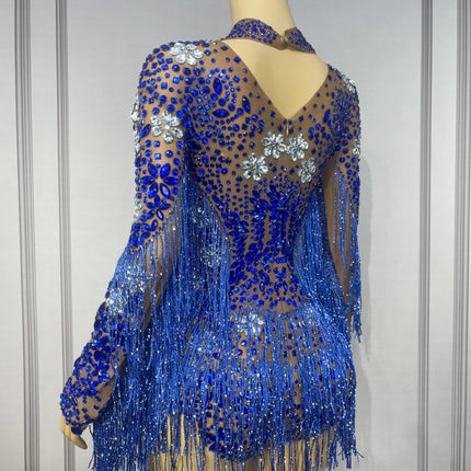Sparkly Rhinestone Tassel High-Cut Stage Performance Bodysuit Dance Leotard