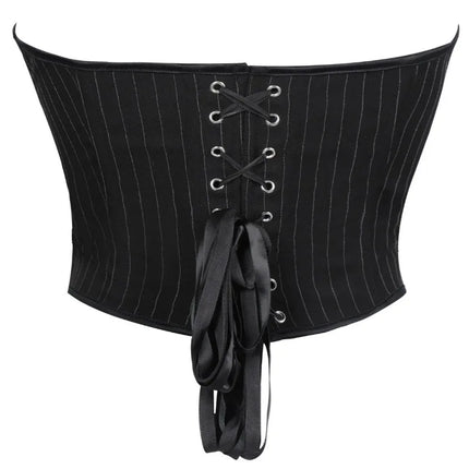Black Striped Overbust Corset Top Zipper Front Lace-Up Bustier Body Shaper