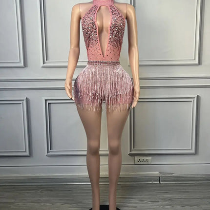 Sparkly Rhinestone Tassel Halter Bodysuit Deep V Backless Stage Dance Leotard