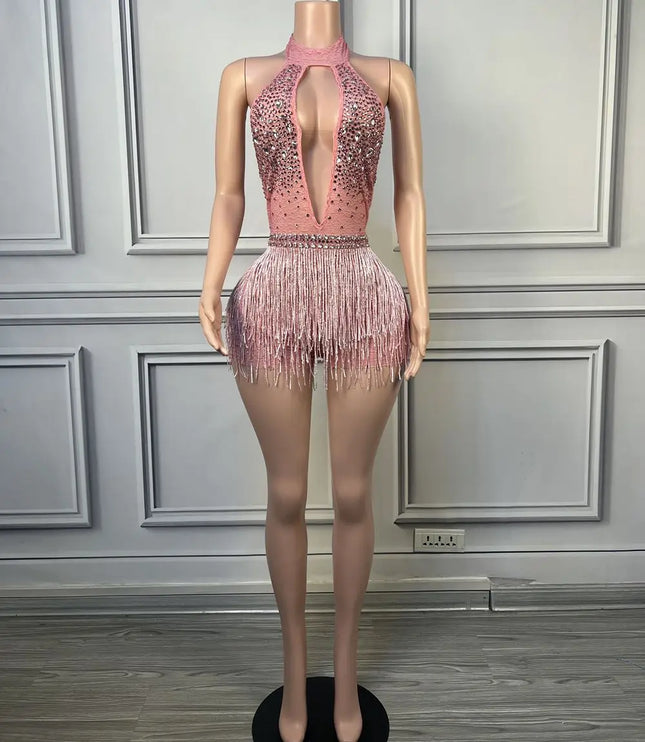 Sparkly Rhinestone Tassel Halter Bodysuit Deep V Backless Stage Dance Leotard