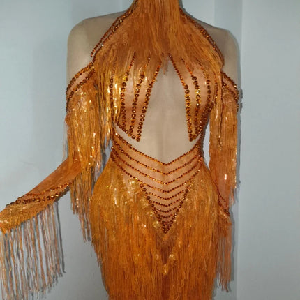 Orange Sparkly Crystal Fringe Bodysuit Off-Shoulder Stage Performance Costume Leotard