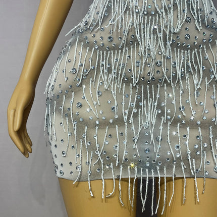 Silver Rhinestone Tassel Backless Stage Performance Mini Dress Party Gown