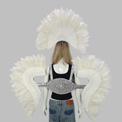 Carnival Elegant Ladies Feather Headdress Wings Two-Piece Role Play Catwalk Halloween Masquerade Carnival Party Suit