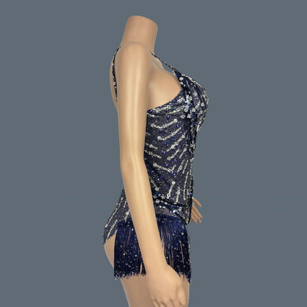 Sparkly Rhinestone Tassel Fringe Dance Leotard Nightclub Stage Performance Bodysuit