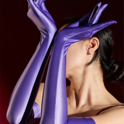 Oil Glossy Satin Smooth Five-Finger Long Elbow Gloves High-Stretch Luxury Evening Gloves