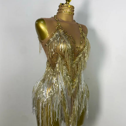 Sparkly Rhinestone & Tassel Fringe Latin Dance Mini Dress Stage Costume