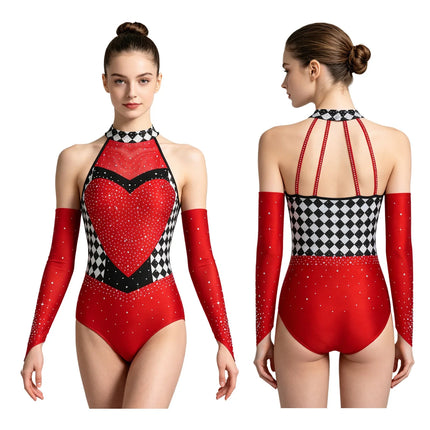 Queen of Hearts Rhinestone Halter Bodysuit & Sleeves Checkered Circus Stage Costume Set