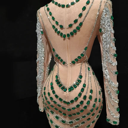 Sparkly Rhinestone, Sequin & Pearl Sheer Illusion Performance Dress Stage Costume