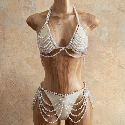 The Stardust Pearl Cascade 4-Piece Bikini – Luxury Pearl Body Chain Showgirl Set