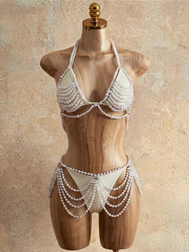The Stardust Pearl Cascade 4-Piece Bikini – Luxury Pearl Body Chain Showgirl Set