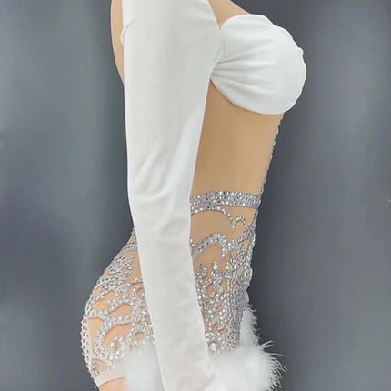 Sparkly Rhinestone & White Feather Long-Sleeve Bodysuit Stage Costume