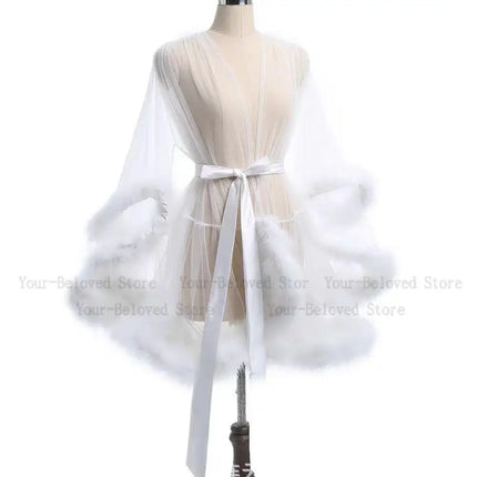 Sheer Mesh & Plush Feather Trim Long Sleeve Robe Lingerie Stage Costume