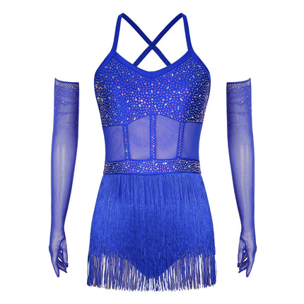 Rhinestone Latin Dance Dress, Mesh Tiered Tassel Bodysuit & Long Gloves Set