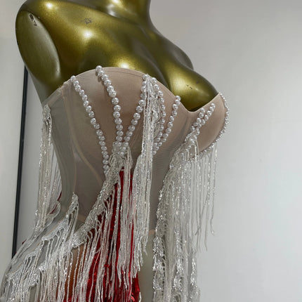 Pearl & Crystal Bustier High-Slit Maxi Gown Cascading Ombré Fringe Evening Dress