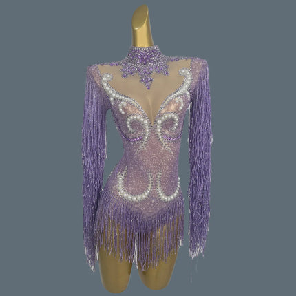 Pearl & Rhinestone Tassel Stage Costume Bodysuit Dance Leotard