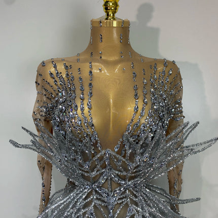 Luxury Shining Diamond See-Through Mesh Bodysuit Stage Performance Jumpsuit