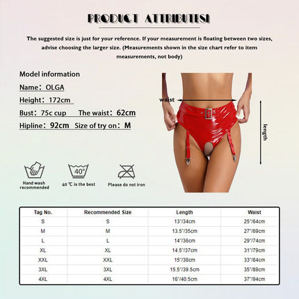 High-Waist Patent Leather Crotchless Thong & Garter Clip Lingerie