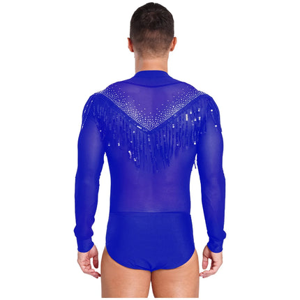 Men's Latin Salsa Sequin Tassel & Rhinestone V-Neck Performance Leotard Bodysuit