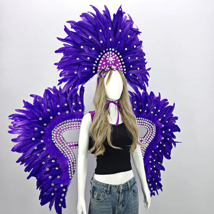 Carnival Elegant Ladies Feather Headdress Wings Two-Piece Role Play Catwalk Halloween Masquerade Carnival Party Suit