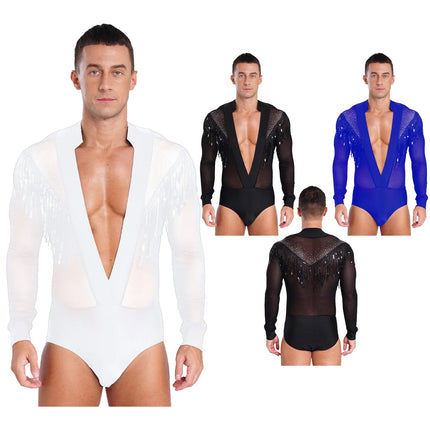 Men's Latin Salsa Sequin Tassel & Rhinestone V-Neck Performance Leotard Bodysuit