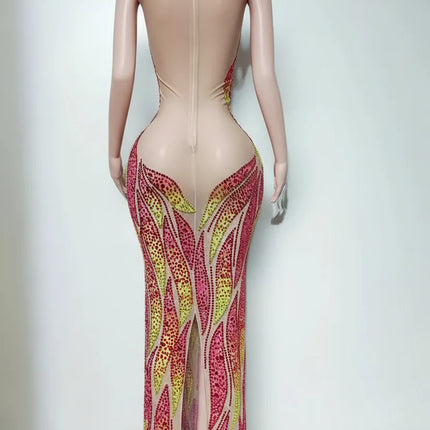 Flaming Fire Print Rhinestone Maxi Dress Sleeveless High-Slit Stage Performance Gown
