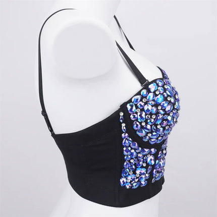 The Stardust Prism Siren – Glitter Crystal Bustier Corset Crop Top