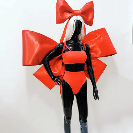Nightclub Party Carnival Rave Outfit Bar Gogo Dancer Clothes Red Bow Tops Shorts Festival Wear Sexy Drag Queen Costume
