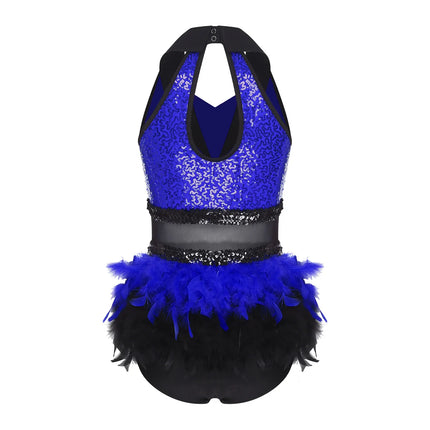 Women's Shiny Sequin Sheer Mesh Feather Latin Jazz Dance Bodysuit