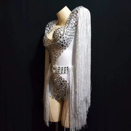 Sparkly Crystal Rhinestone & Tassel Fringe Bodysuit Costume Set with Bra & Belt
