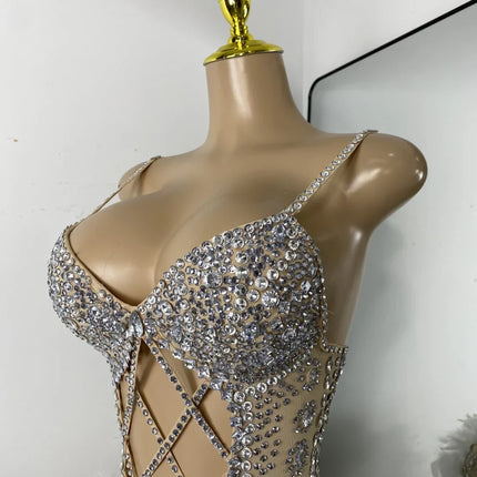 The Stardust Follies Feather Bodysuit – Luxury Rhinestone & Mesh Showgirl Costume